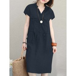 Solid Short Sleeve Pocket Drawstring Button Dress