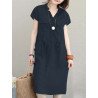 Solid Short Sleeve Pocket Drawstring Button Dress