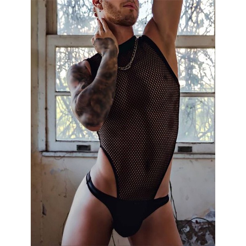 Mens Sexy Solid Hollow Mesh Sleeveless Triangle Jumpsuit