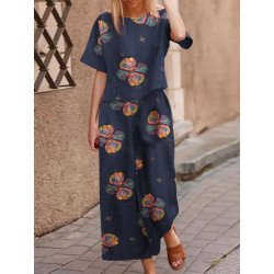 Flower Print Short Sleeve Wide Leg Two Pieces Suit