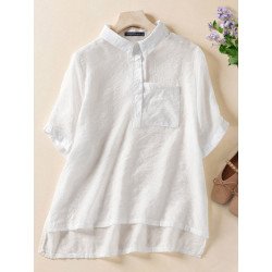 Solid Button High-low Pocket Short Sleeve Lapel Blouse