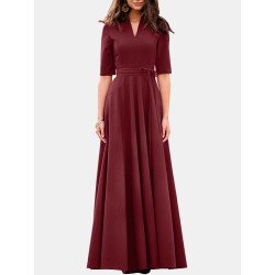 Solid V-neck Half Sleeve Swing Maxi Dress With Belt