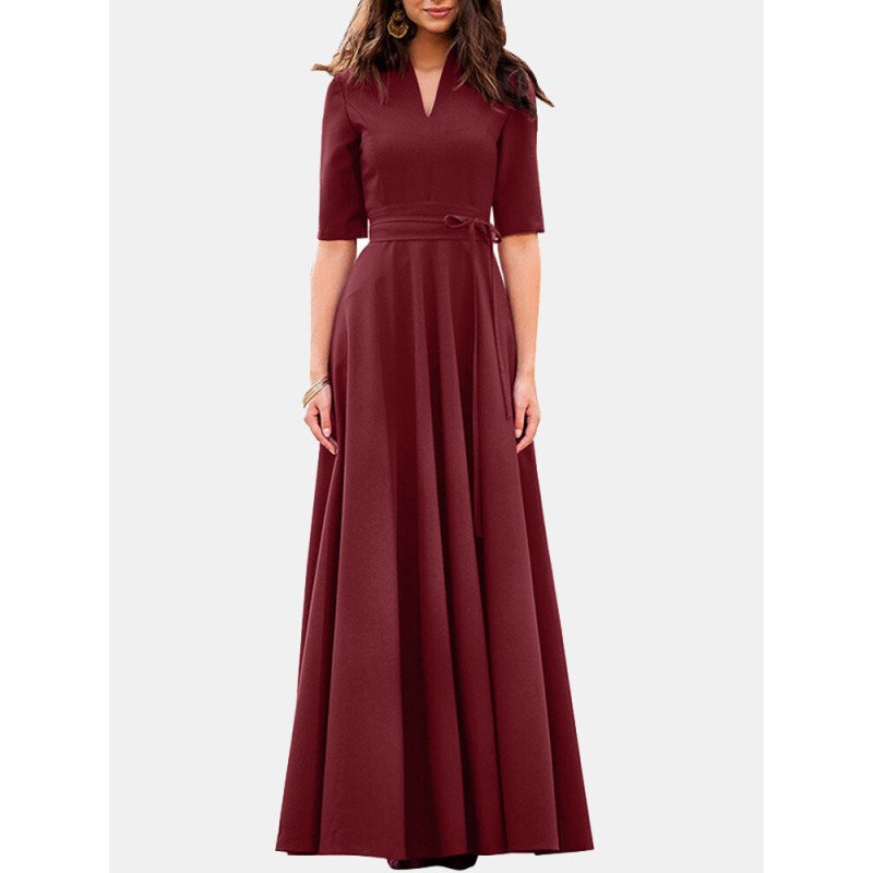 Solid V-neck Half Sleeve Swing Maxi Dress With Belt
