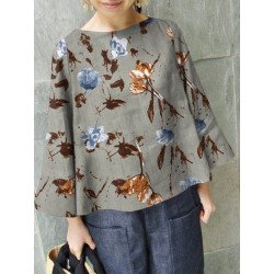 Plants Print Long Bell Sleeve Blouse For Women