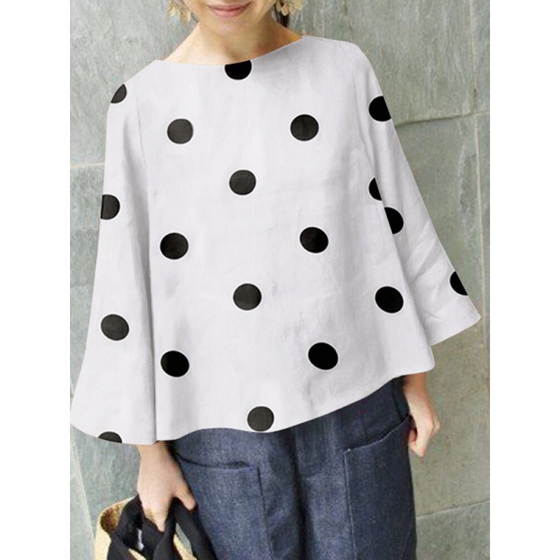 Polka Dot Print Bell Sleeve Blouse For Women