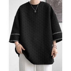 Mens Textured Contrast Trim Loose Drop Shoulder T-Shirt