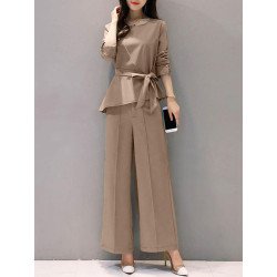Solid Belt Asymmetrical Hem Long Sleeve Two Pieces Suit