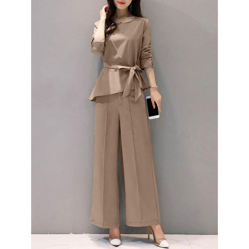 Solid Belt Asymmetrical Hem Long Sleeve Two Pieces Suit