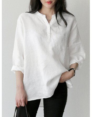 Solid Notch Neck Pocket Long Sleeve Casual Blouse
