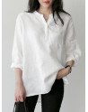 Solid Notch Neck Pocket Long Sleeve Casual Blouse