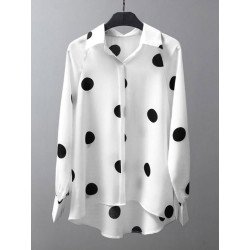 Dot Print Long Sleeve Button High-low Hem Shirt