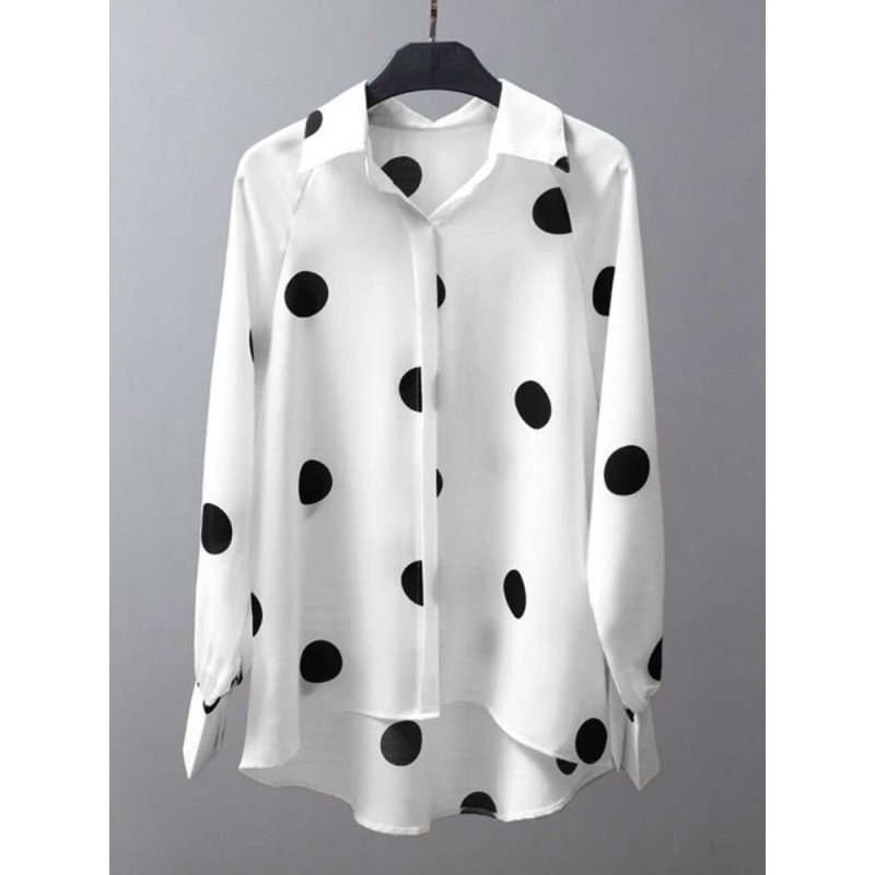 Dot Print Long Sleeve Button High-low Hem Shirt
