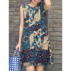 Vintage Floral Print Crew Neck Cotton Sleeveless Dress