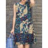 Vintage Floral Print Crew Neck Cotton Sleeveless Dress