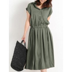 Solid Button Front Pocket Elastic Waist Lapel Shirt Dress