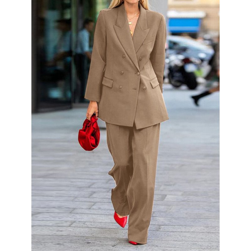 Solid Double Breasted Lapel Long Sleeve Two Pieces Suit