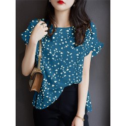 Women Confetti Heart Ruffle Sleeve Crew Neck Blouse