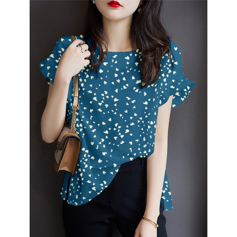 Women Confetti Heart Ruffle Sleeve Crew Neck Blouse