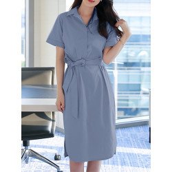 Solid Tie Front Pocket Lapel Short Sleeve Casual Dress