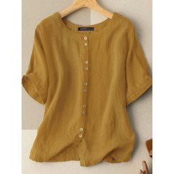Solid Button Half Sleeve Round Neck Casual Cotton Blouse