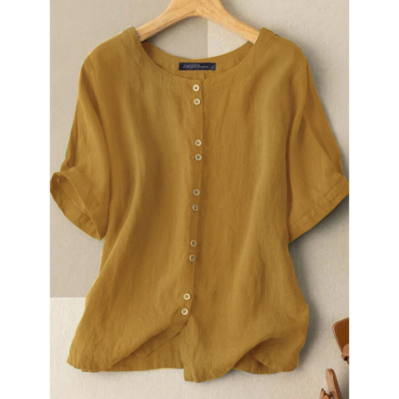 Solid Button Half Sleeve Round Neck Casual Cotton Blouse