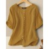 Solid Button Half Sleeve Round Neck Casual Cotton Blouse