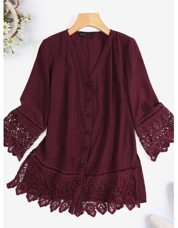 Women Lace Patchwork V-Neck Button Front Side Split Shirt