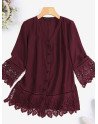 Women Lace Patchwork V-Neck Button Front Side Split Shirt