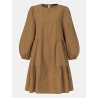 Women Solid Color O-neck Puff Long Sleeve Patchwork Blouse