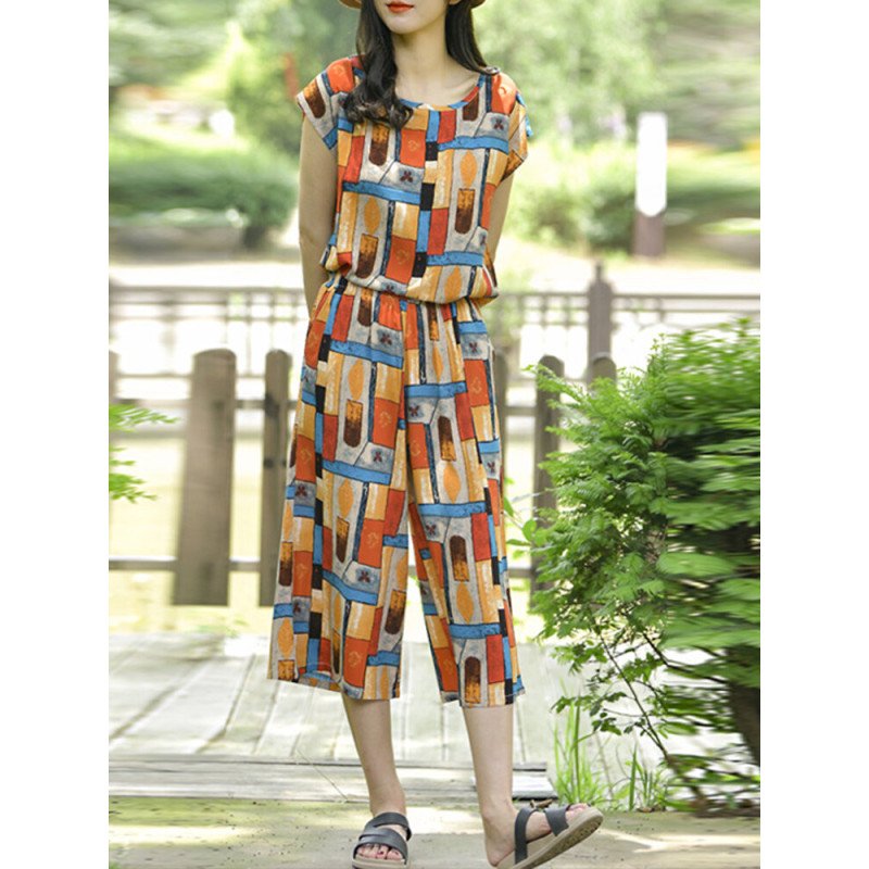Women Colorful Random Print Crew Neck Short Sleeve Co-ords