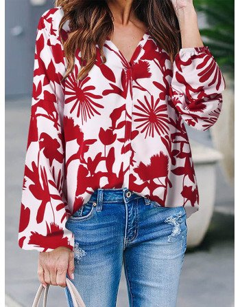 Plant Print V Neck Long Sleeve Casual Blouse