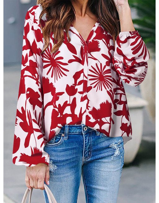 Plant Print V Neck Long Sleeve Casual Blouse