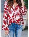 Plant Print V Neck Long Sleeve Casual Blouse