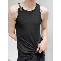 Mens Solid Buckle Design Rib-Knit Sleeveless Tank