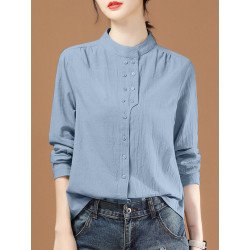 Solid Stand Collar Button Front Long Sleeve Blouse