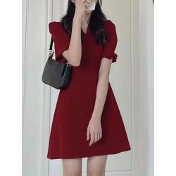 Solid Colors Puff Sleeve Back Tie Up Casual Dress