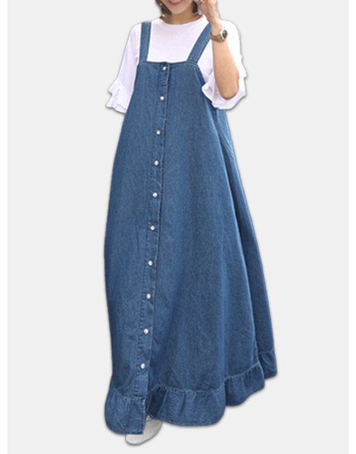 Denim Ruffle Straps Button Sleeveless Plus Size Maxi Dress