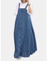 Denim Ruffle Straps Button Sleeveless Plus Size Maxi Dress