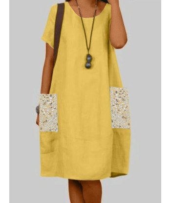 Women Sequins Pocket Splice Cotton Short Sleeve Dress