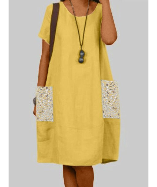 Women Sequins Pocket Splice Cotton Short Sleeve Dress
