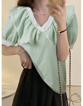 Check Print Puff Sleeve Lace Trim Peter Pan Collar Blouse