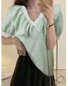 Check Print Puff Sleeve Lace Trim Peter Pan Collar Blouse