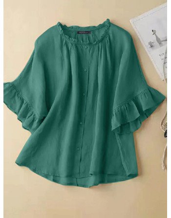 Women Solid Ruffle Sleeve Crew Neck Casual Blouse
