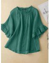 Women Solid Ruffle Sleeve Crew Neck Casual Blouse