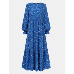 Floral Print Ruffle Long Sleeve Casual Muslim Dress for Women