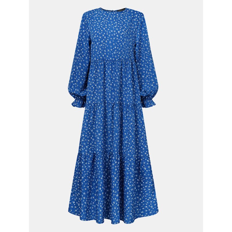 Floral Print Ruffle Long Sleeve Casual Muslim Dress for Women