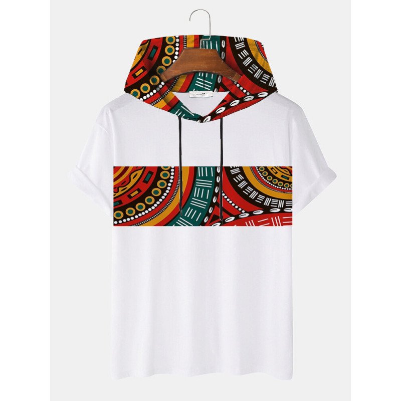 Mens Ethnic Totem Print Patchwork Short Sleeve Hooded T-Shirts