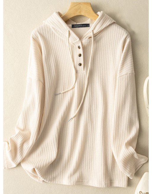 Solid Drawstring Long Sleeve Hoodie For Women