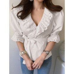Lace Patchwork V Neck Tie Up Puff Sleeve Blouse