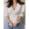 Lace Patchwork V Neck Tie Up Puff Sleeve Blouse